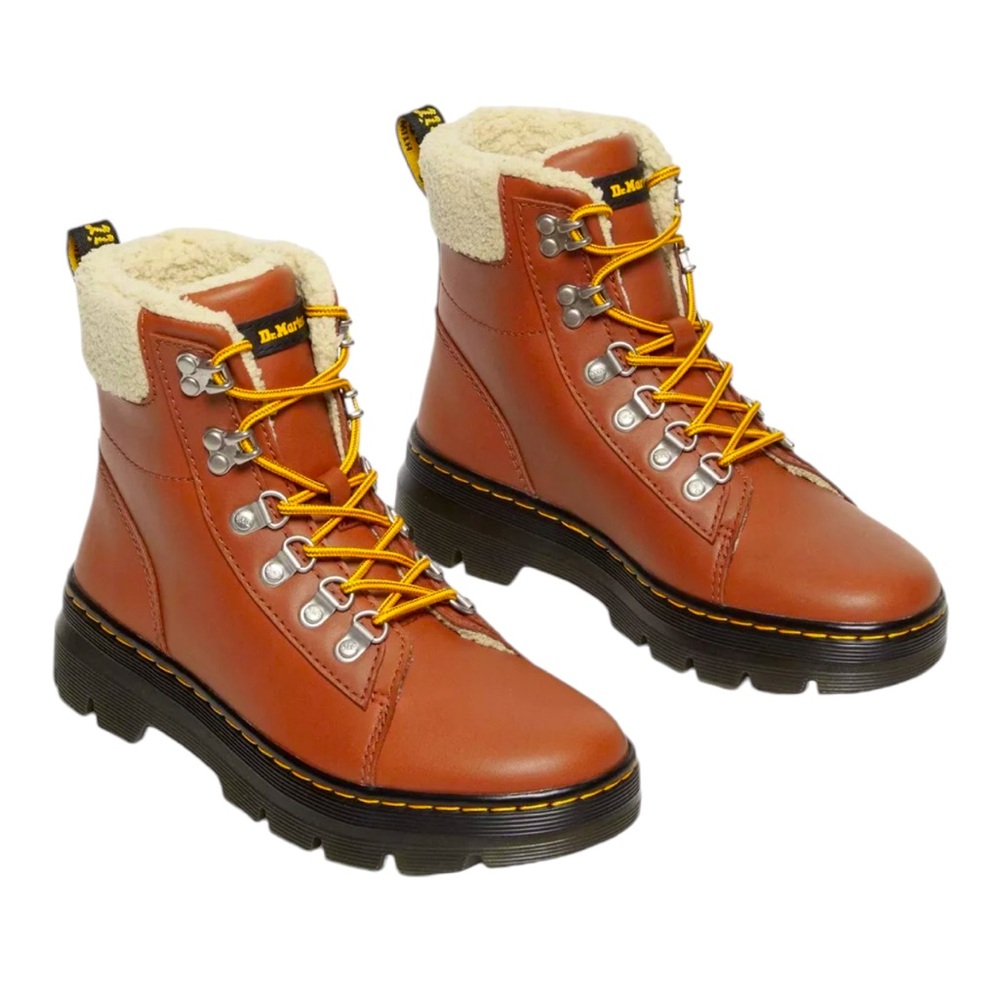 Dr. Martens Combs Faux Fur Lined Combat Boots Tan Brown Womens Size 8 EU 39 NEW